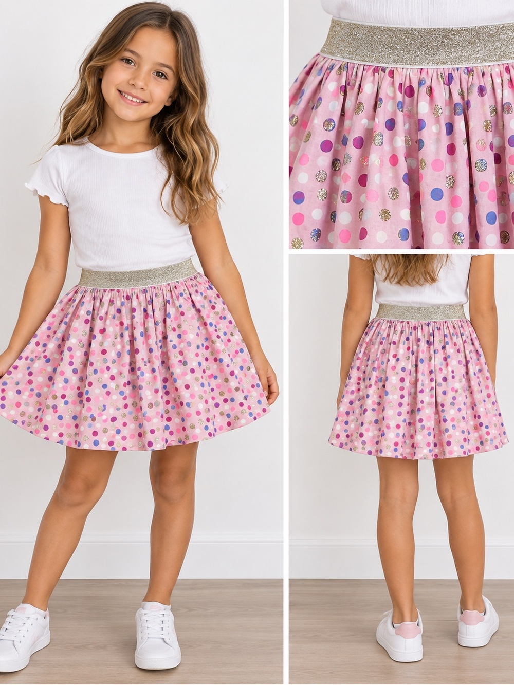 Isaac Mizrahi Pink Polka Dot Skater Skirt with Gold Glitter Waistband. Size 7/8